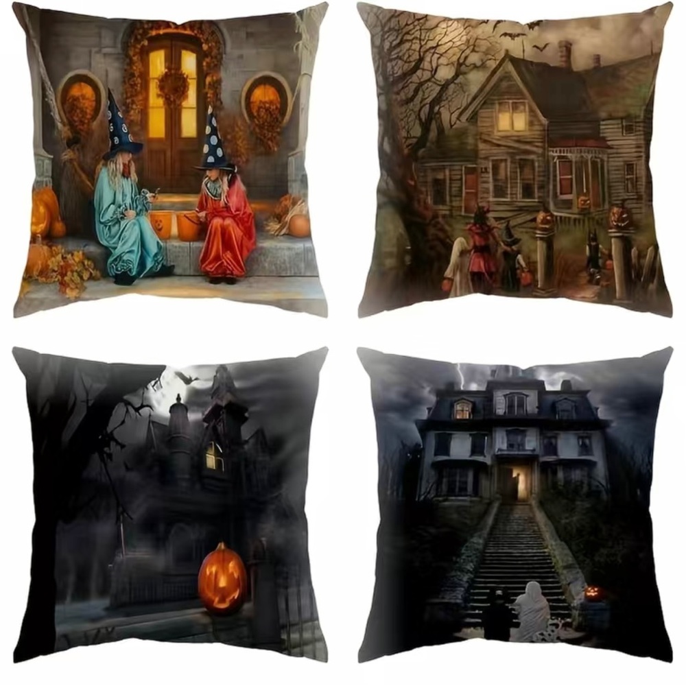 4pcs Encrypted‎ Linen Blend, Halloween Decorative Ghost House Printed Cushion